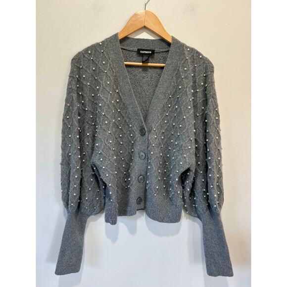 Express pearl cardigan size M grey v neck buttons balloon sleeve knit patterned - Picture 1 of 8